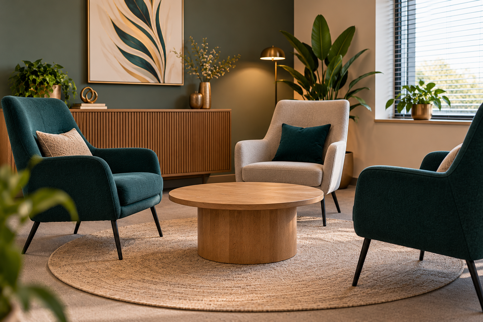 Moderne zithoek met ronde houten tafel, drie fauteuils en kamerplanten