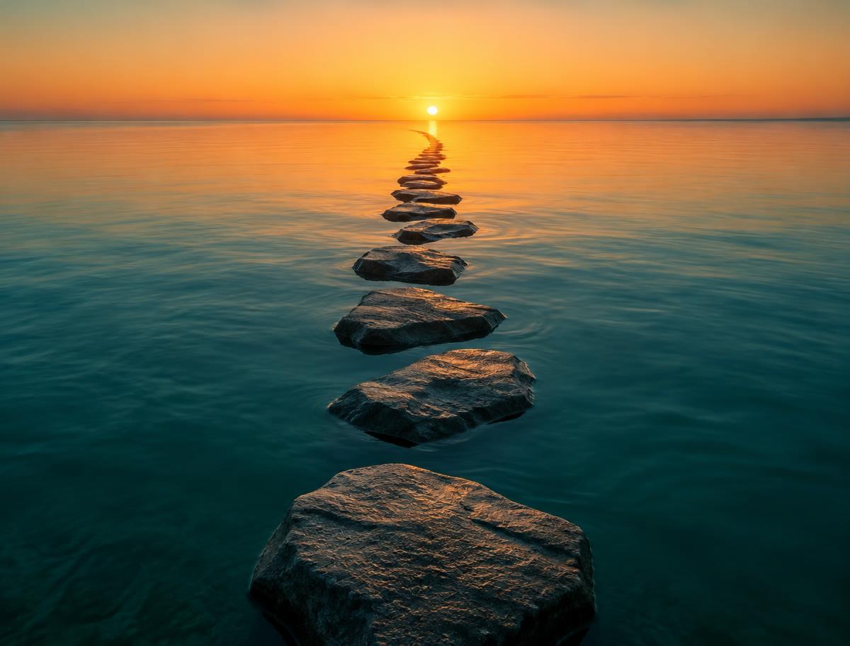 Stenen pad door kalm water richting de horizon